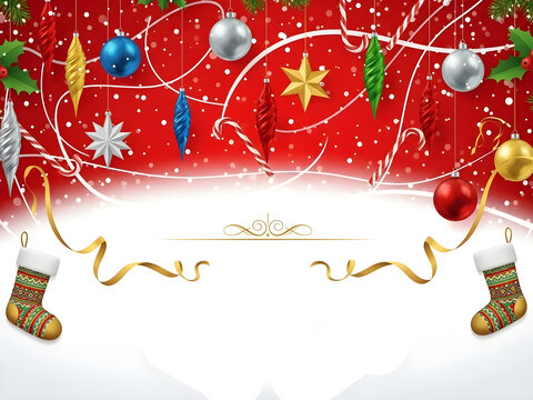 Festive Christmas Ornaments and Stockings, Red Snowy Background, Holiday Greeting Card or Invitation Design