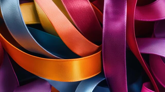 Colorful ribbons in various shapes and textures create a vibrant display suitable for crafts and decorations