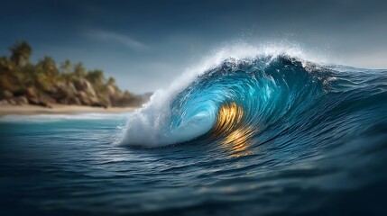Ocean wave curling into a shape resembling an eye, catching sunlight in a natural lens-like sparkle.