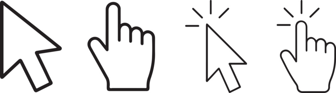 Silhouette hand cursor and arrow cursor icons in bold minimal style on a clean white background.
