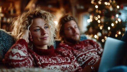 Tired couple on couch during Christmas, overwhelmed by holiday stress and rush, showing fatigue, tension and seasonal pressure