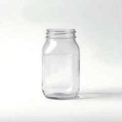 Image of an empty glass jar designed for food, isolated on a white background.