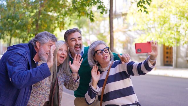 Senior couple taking a selfie with a smartphone outdoors