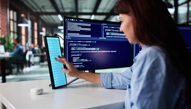 Professional Programmer Woman Analyzing Weather Conditions