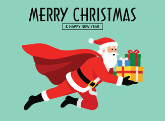 Superhero Santa Claus Flying with Gifts and Red Cape Merry Christmas and Happy New Year Vector Design Fast Holiday Delivery
