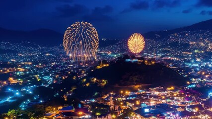 Vibrant festival lights illuminate the hills of a bustling evening celebration in a quaint town - Powered by Adobe