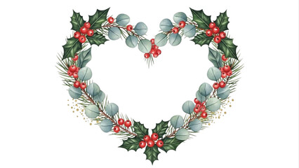 Watercolor Christmas Heart Wreath with Holly Leaves, Eucalyptus and Red Berries Illustration