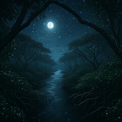 Moonlit forest path beside winding river