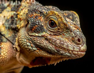 Fototapeta premium Detailed close-up of a colorful, scaly iguana's head against a solid black backdrop