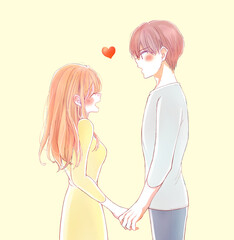 向かい合う男女　恋愛　真剣　笑顔　手を握る