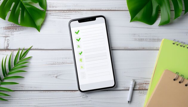 Digital task management and efficient planning on a smartphone app with a clear checklist, presented on a bright white wooden surface accented with green leaves
