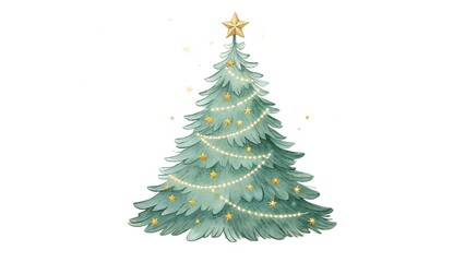 Fototapeta premium Watercolor Christmas Tree Illustration with Gold Stars and Glowing String Lights 