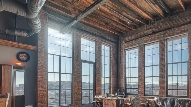 Spacious urban loft with large windows and industrial charm in a city view