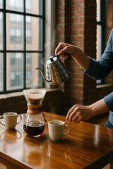 Loft barista pouring handcrafted filter coffee