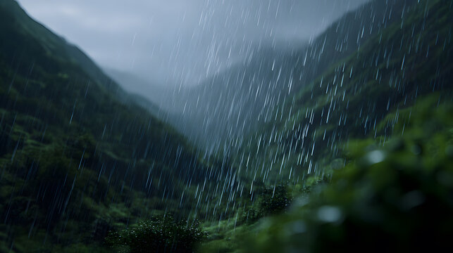 Rain-Kissed Mountain Landscape: A breathtaking panorama unfolds as a torrent of rain cascades down the face of a verdant mountain range, its lush slopes alive with the lifeblood of nature.