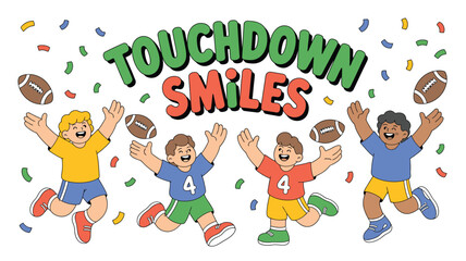 Celebratory Football Cartoon Boys Jumping with Joy, Confetti Falling, and Touchdown Smiles Text Above