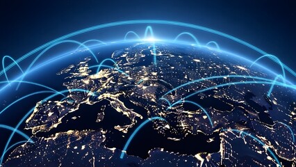 Global network connection over earth at night illustration
