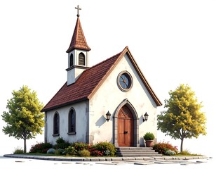 Small white and red church illustration with trees, bushes, and a cross on top