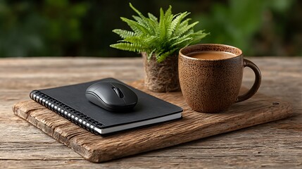 Flat lay of e-learning tools on wooden surface including a tablet, wireless mouse, printed course notes, and a cup of tea.