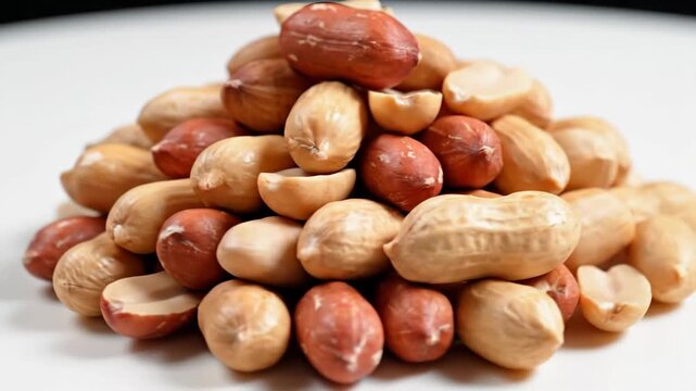 Pile of raw shelled peanuts with skins and blanched kernels stacked on white background healthy snack food ingredient concept