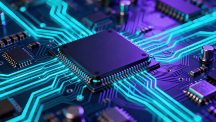 Fototapeta premium low latency network concept. Close-up of a circuit board with vibrant blue and purple traces.