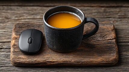 Flat lay of e-learning tools on wooden surface including a tablet, wireless mouse, printed course notes, and a cup of tea.