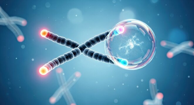 Abstract Dna Strands Intersecting Transparent Sphere Displaying Melting Genetic Material Complex Molecular Bonds Blue Gl