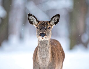 Close-up of a deer in winter, surrounded by snowflakes and trees