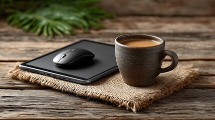 Flat lay of e-learning tools on wooden surface including a tablet, wireless mouse, printed course notes, and a cup of tea.