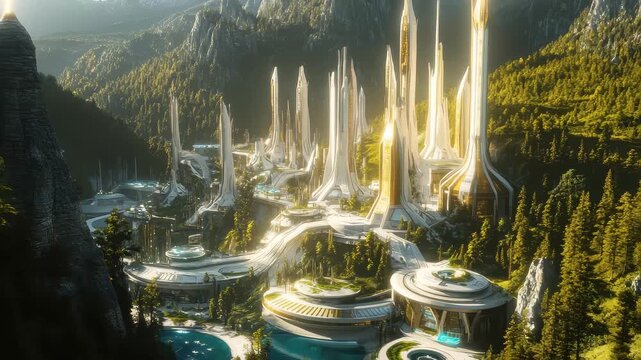 A stunning city combines towering structures and advanced architecture amid majestic mountains and vibrant forests, showcasing innovation and nature coexisting harmoniously.