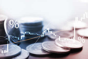 Business, finance, banking and investment concept. Stack of coins with financial graph growth report, stock market analysis, Economy trends background for business idea
