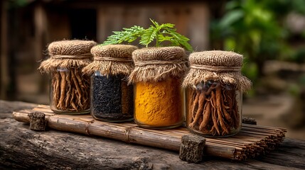 Flat lay of various herbal medicine jars and dried roots on a bamboo mat with rustic natural lighting.