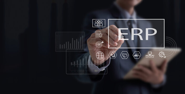 ERP, Enterprise Resource Planning concept. Business man working on laptop using software connecting data to access HR management. Business resources plan to manage company enterprise resource.