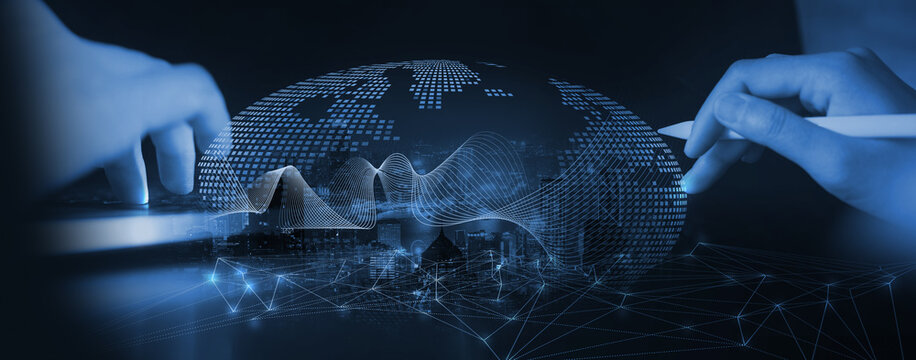 Internet network connection, digital technology, big data, IoT internet of things, telecommunication. People using mobile phone and laptop with global network, technology background - Powered by Adobe