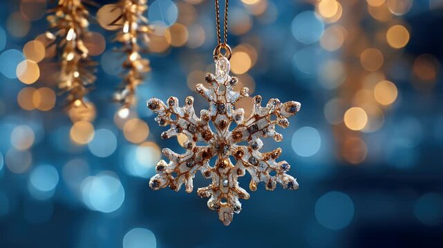 Christmas snowflake ornament on string with bokeh background