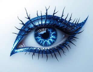 A stunning macro shot of a blue eye with electric lightning-like patterns in the iris, long lashes, and icy tones, creating a powerful, futuristic visual impact.