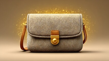 Floating vegan leather purse surrounded by subtle golden sparkles on a minimalistic beige backdrop, soft studio light.