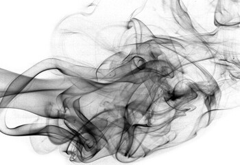 Abstract black smoke swirls rising on white background