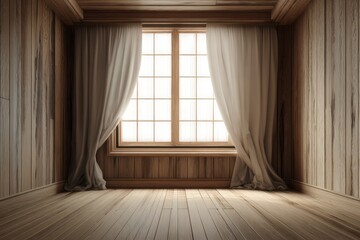 Light streams through a window in a rustic wooden room.