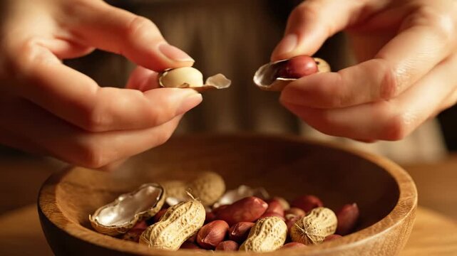 Human hands crack open a fresh peanut shell over a wooden bowl of raw groundnuts