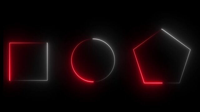 Neon circle, rectangle and hexagon. Glow shape set for disco, night club. Abstract neon banner set on black background, vector illustration. Collection of glowing shape lines in front view, vector. 4k