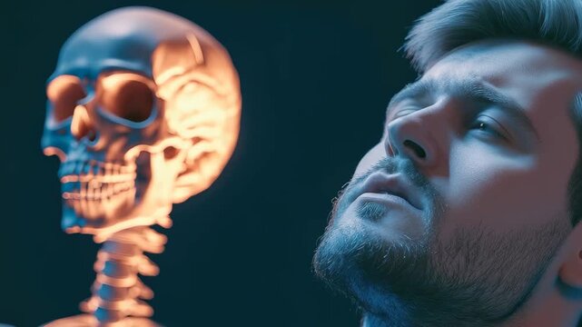In a dimly lit room, a man rests his hand on his head, reflecting deep thought while a skeleton model stands beside him, illuminated by striking blue and orange lights.