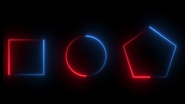 Neon circle, rectangle and hexagon. Glow shape set for disco, night club. Abstract neon banner set on black background, vector illustration. Collection of glowing shape lines in front view, vector. 4k