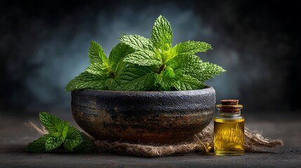 Fresh peppermint leaves and a dropper bottle of essential oil in a ceramic bowl with natural textures.