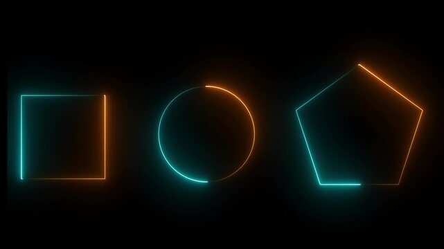 Neon circle, rectangle and hexagon. Glow shape set for disco, night club. Abstract neon banner set on black background, vector illustration. Collection of glowing shape lines in front view, vector. 4k