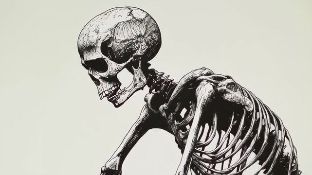 A detailed skeleton appears to be crawling on cracked ground, showcasing anatomical precision. The artwork emphasizes the contrast between the fragile bones and the harsh terrain.