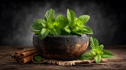 Fresh peppermint leaves and a dropper bottle of essential oil in a ceramic bowl with natural textures.