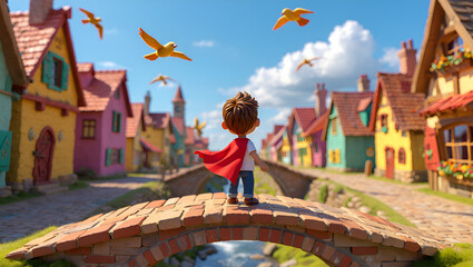 Boy with Red Cape on Brick Bridge in Colorful Village with Flying Birds, Generative AI
