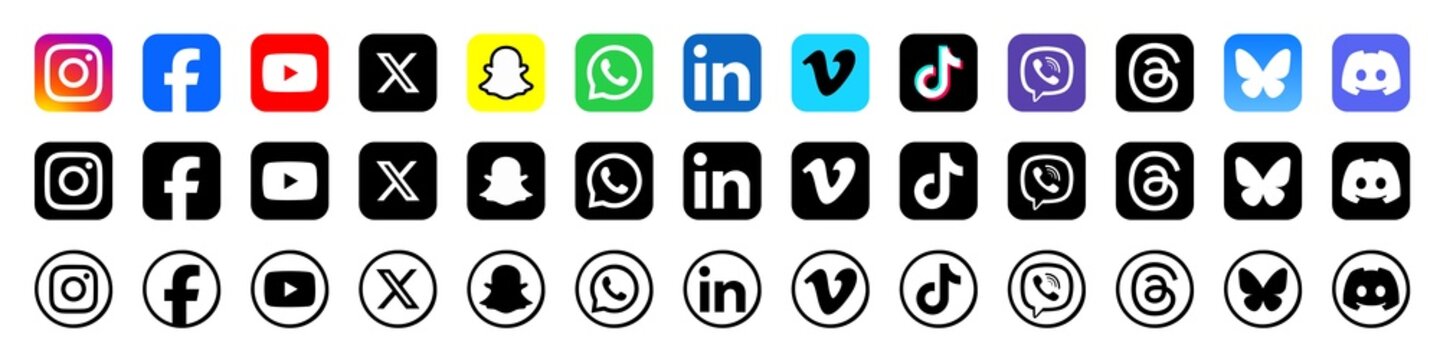 Latest 2026 Social media icons vector set. Social network logos collection. Instagram, Facebook, YouTube, X , Snapchat, WhatsApp, LinkedIn, Vimeo, TikTok, Viber, Threads, BlueSky, Discord.