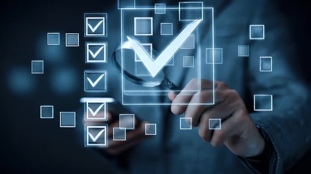 Person using a magnifying glass over a digital checklist